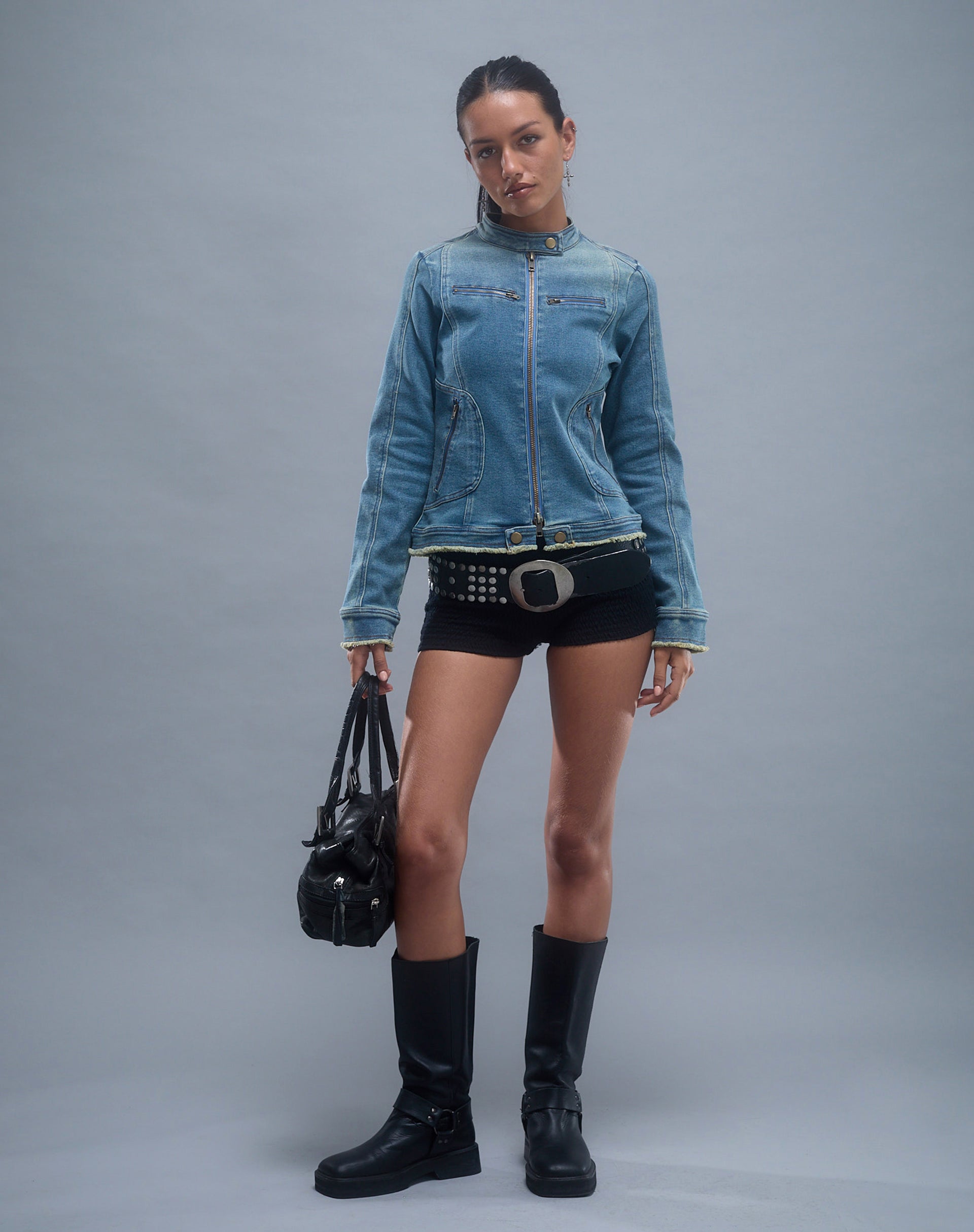 Image OF Zayn Fitted Biker Jacket in Vintage Blue Denim