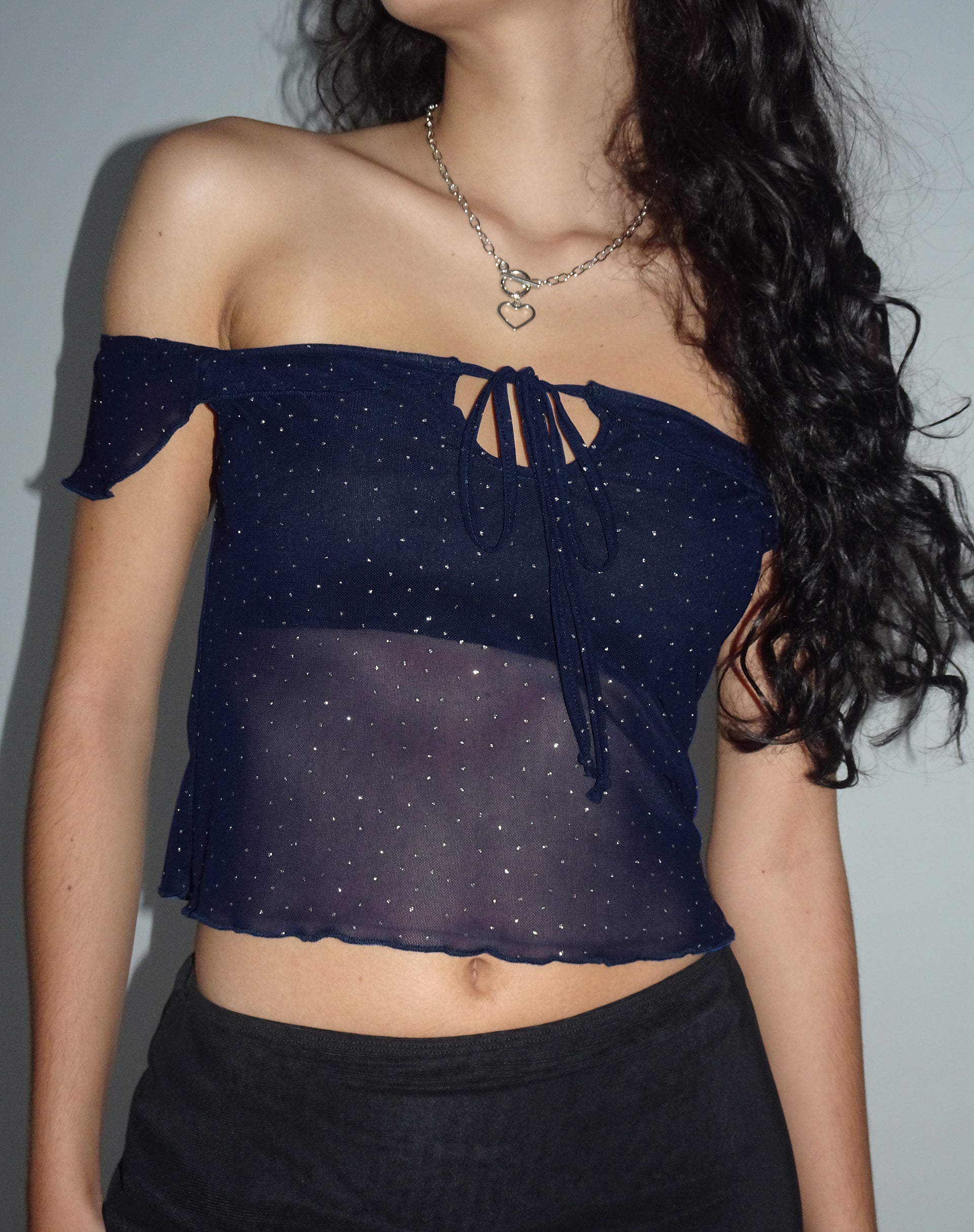 Image of Nabil Bardot Crop Top in Mesh Navy