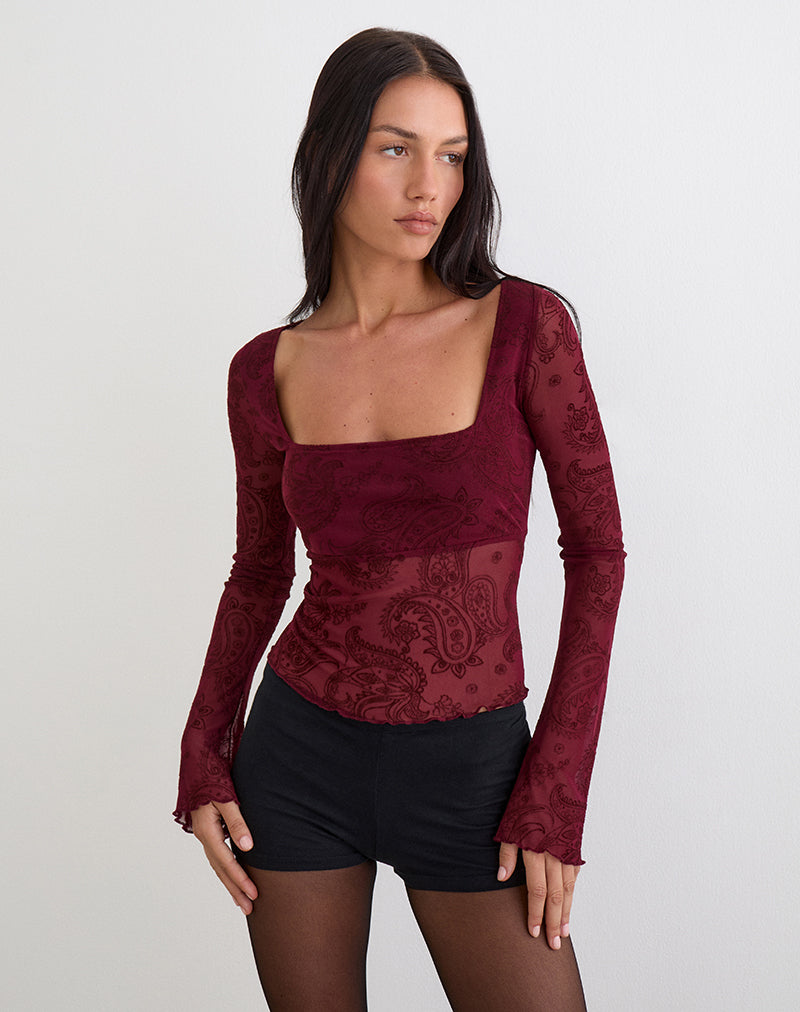 Nafre Top in Flock Compact Paisley Weinrot