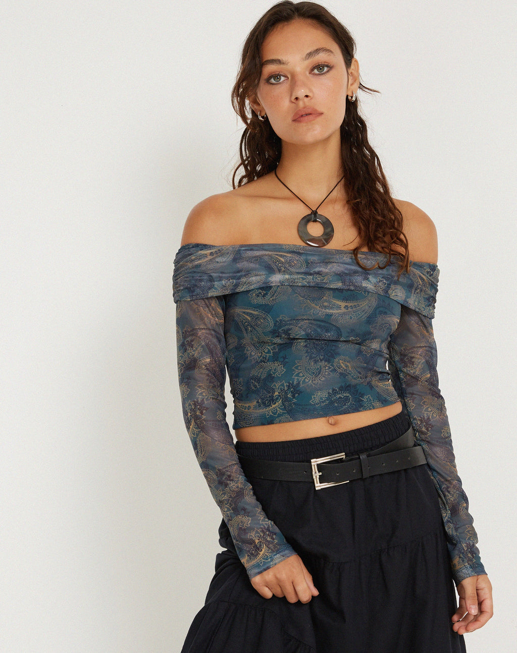 Nagini Long Sleeve Bardot Top in Tonal Blue Paisley