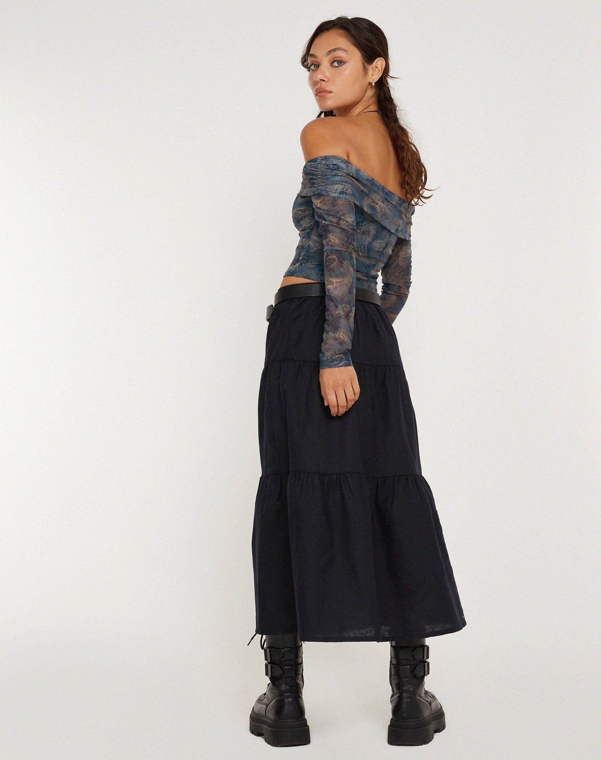 IMAGE OF Nagini Long Sleeve bardot Top in Blue Paisley