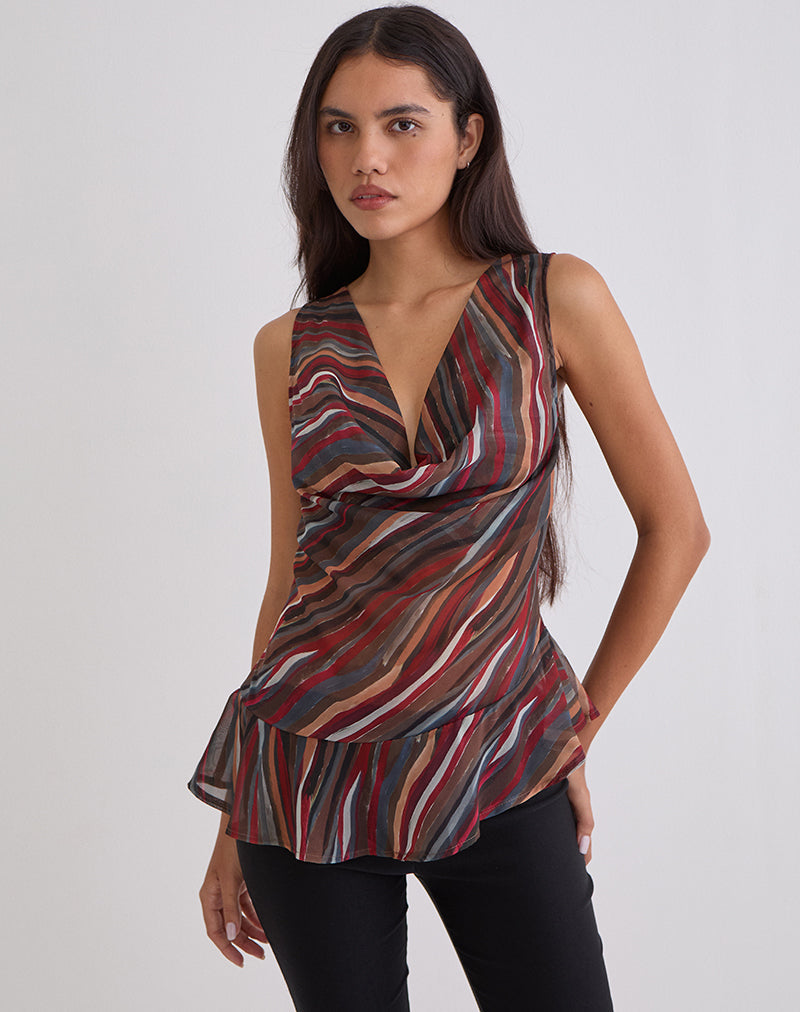 Nakiya Cowl Top aus Chiffon mit 70er-Jahre-Schattenstreifen