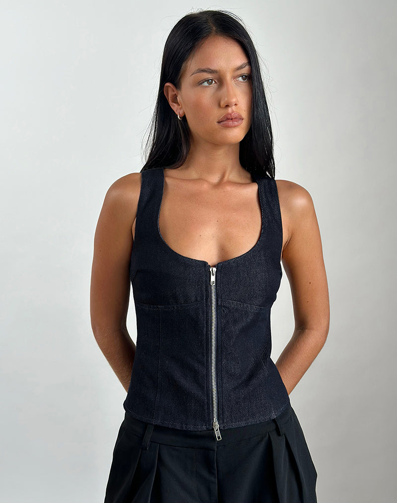 Image of Nalea Zip Through Corset Top in Chambray Indigo