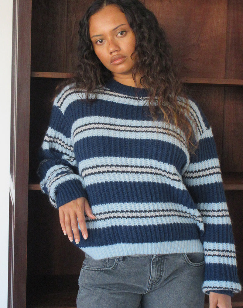 Image of Namirta Jumper in Navy and Light Blue with Black Stripe