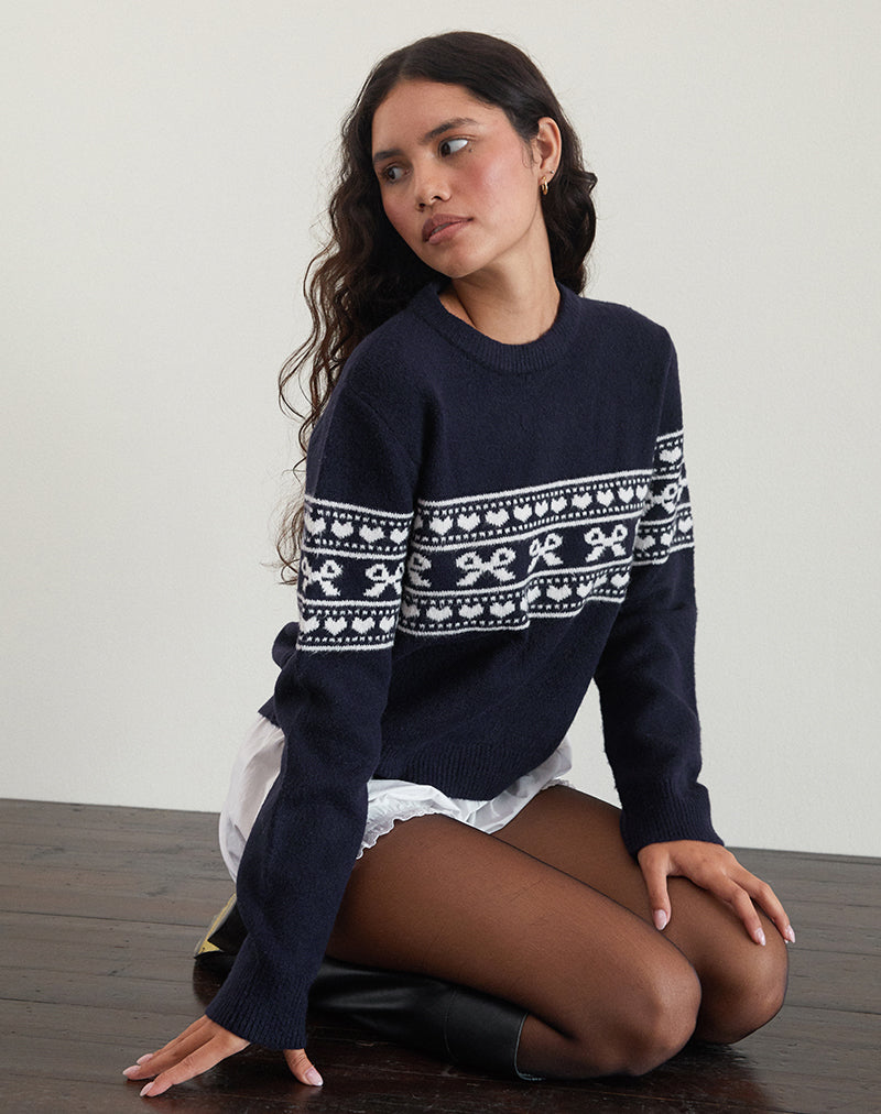 Image of Namirta Knitted Jumper in Peacoat with Fairisle Bow