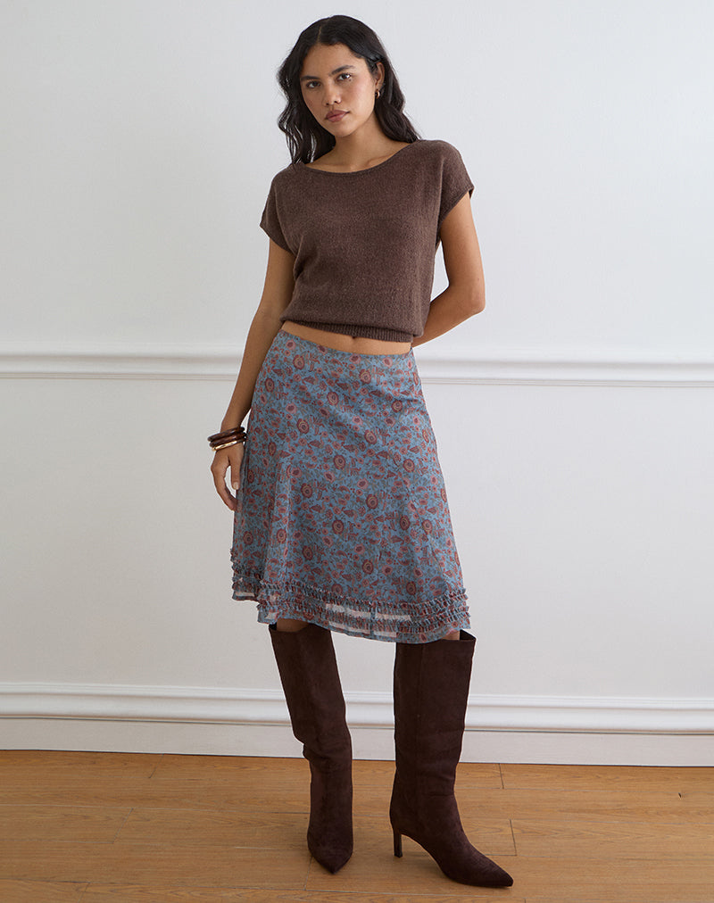 Image of Nanami Midi Skirt in Shadow Blossom Blue Chiffon