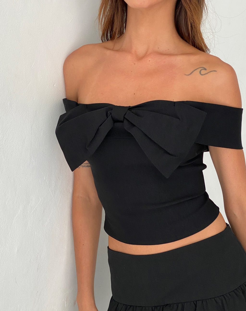 Naras Bow Front Bardot Top in Black Tailoring