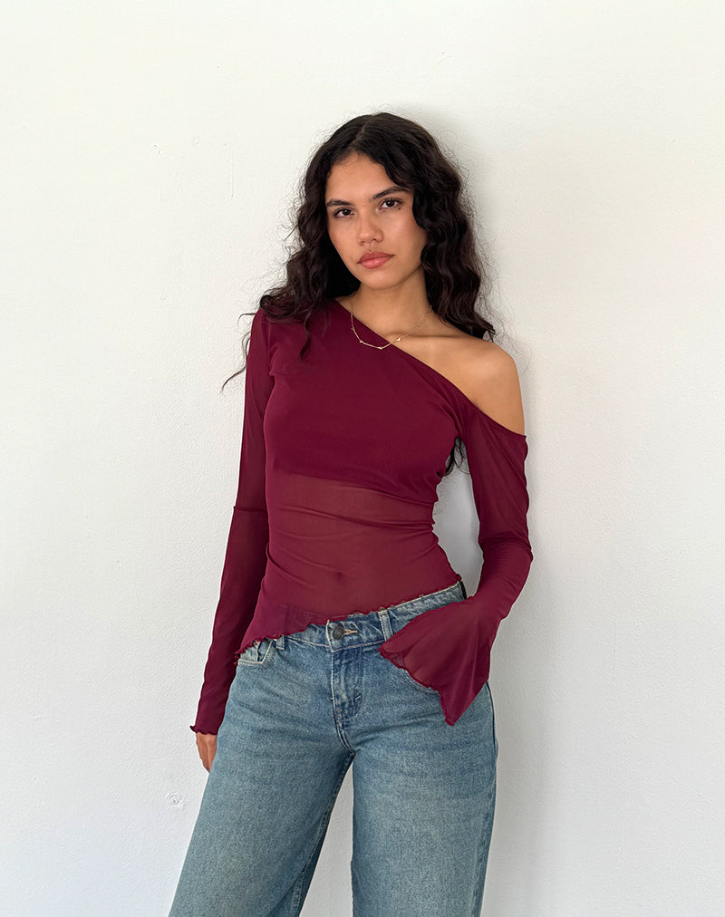 Narcissa Asymmetric Long Sleeve Top in Maroon