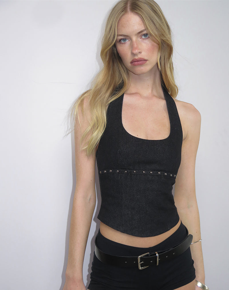 Nasya Halter Top in Chambray Studs Black