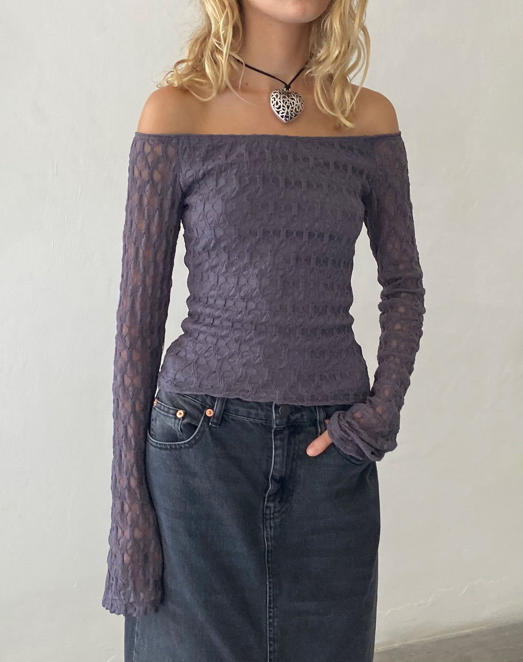 Neira Long Sleeve Bardot Top in Textured Knit Ocean Storm