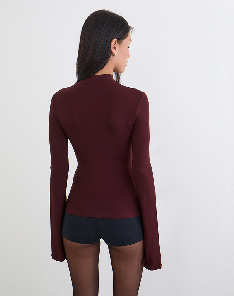 Image of Nell High Neck Long Sleeve Top in Dark Plum