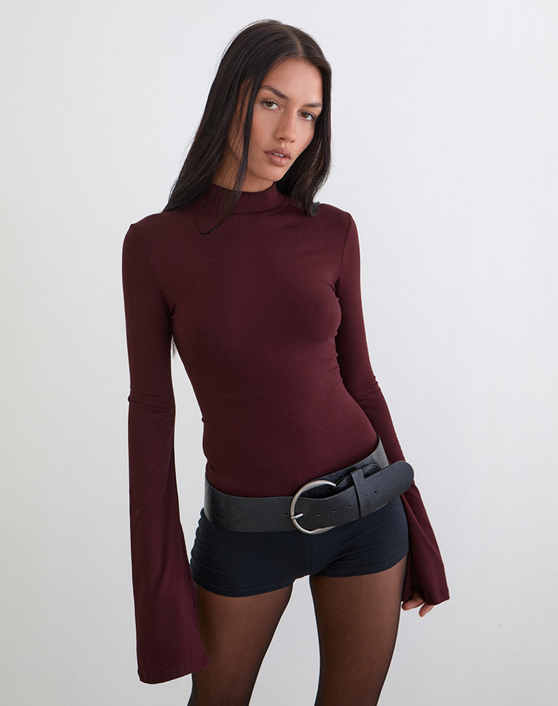 Image of Nell High Neck Long Sleeve Top in Dark Plum