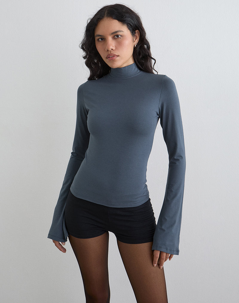 Image of Nell High Neck Long Sleeve Top in Rib Jersey Ocean Storm