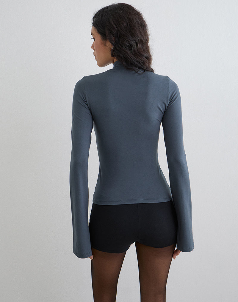 Image of Nell High Neck Long Sleeve Top in Rib Jersey Ocean Storm