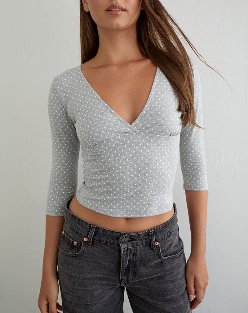 Netacy Top in Grey Marl with White Micro Polka Dots