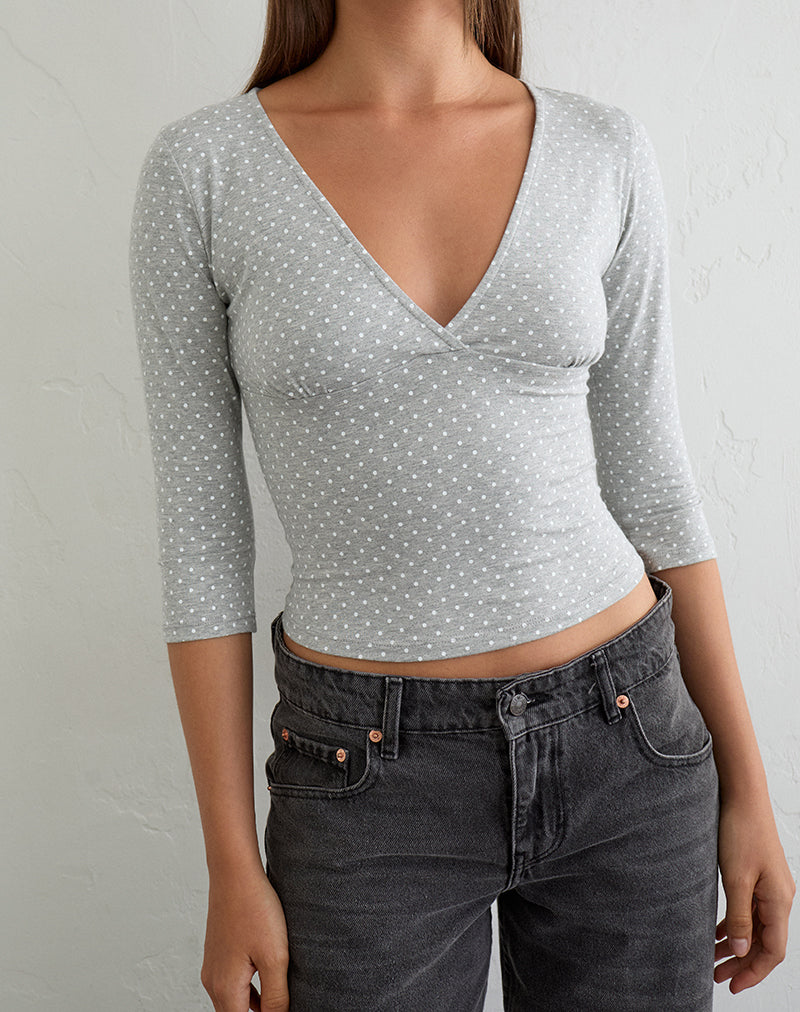 Netacy Top in Grey Marl with White Micro Polka Dots