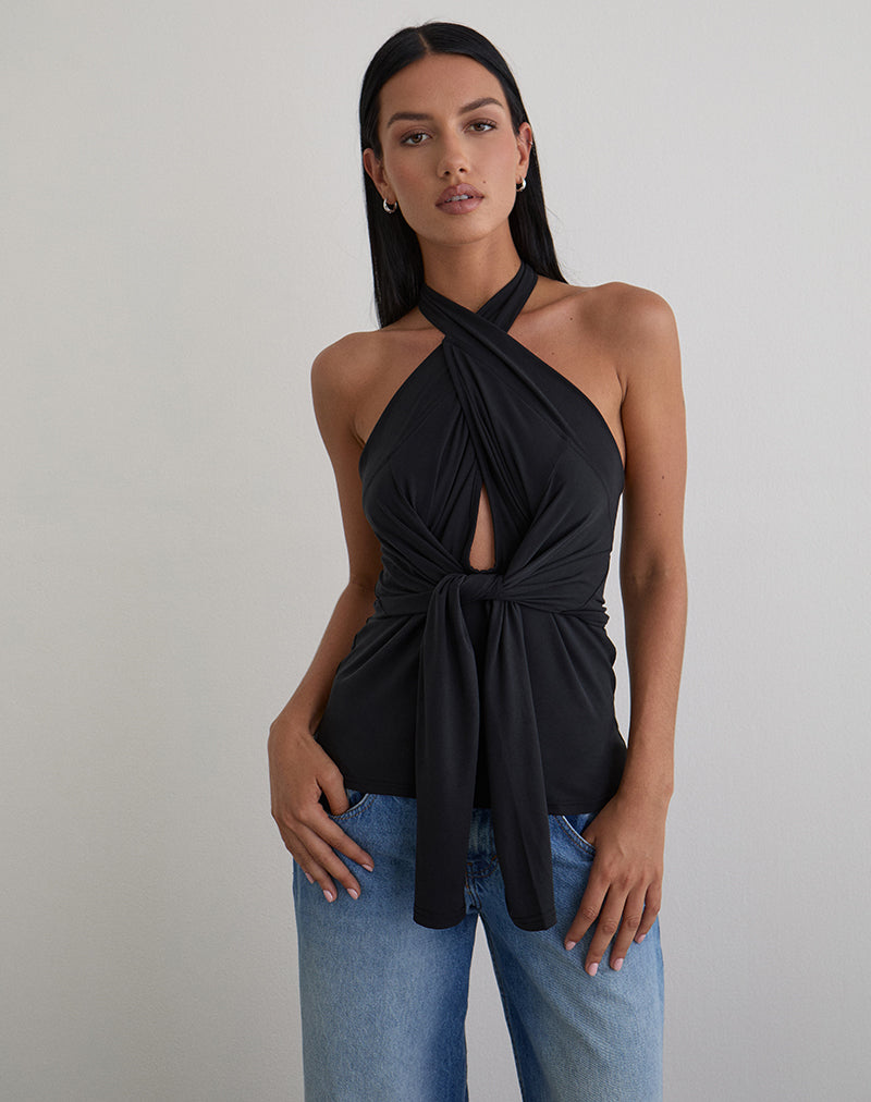 Top a maniche lunghe con multi-lacci Nezuko in cupro nero