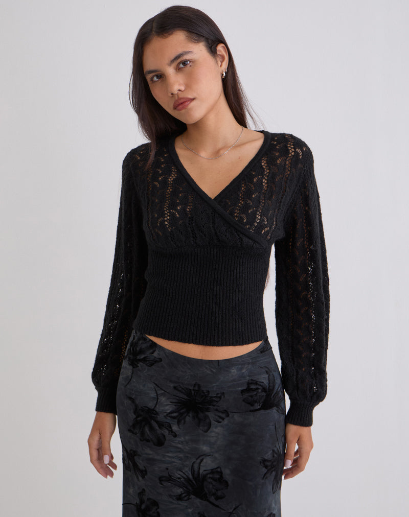 Image of Nilara Wrap Top in Pointelle Knit Black