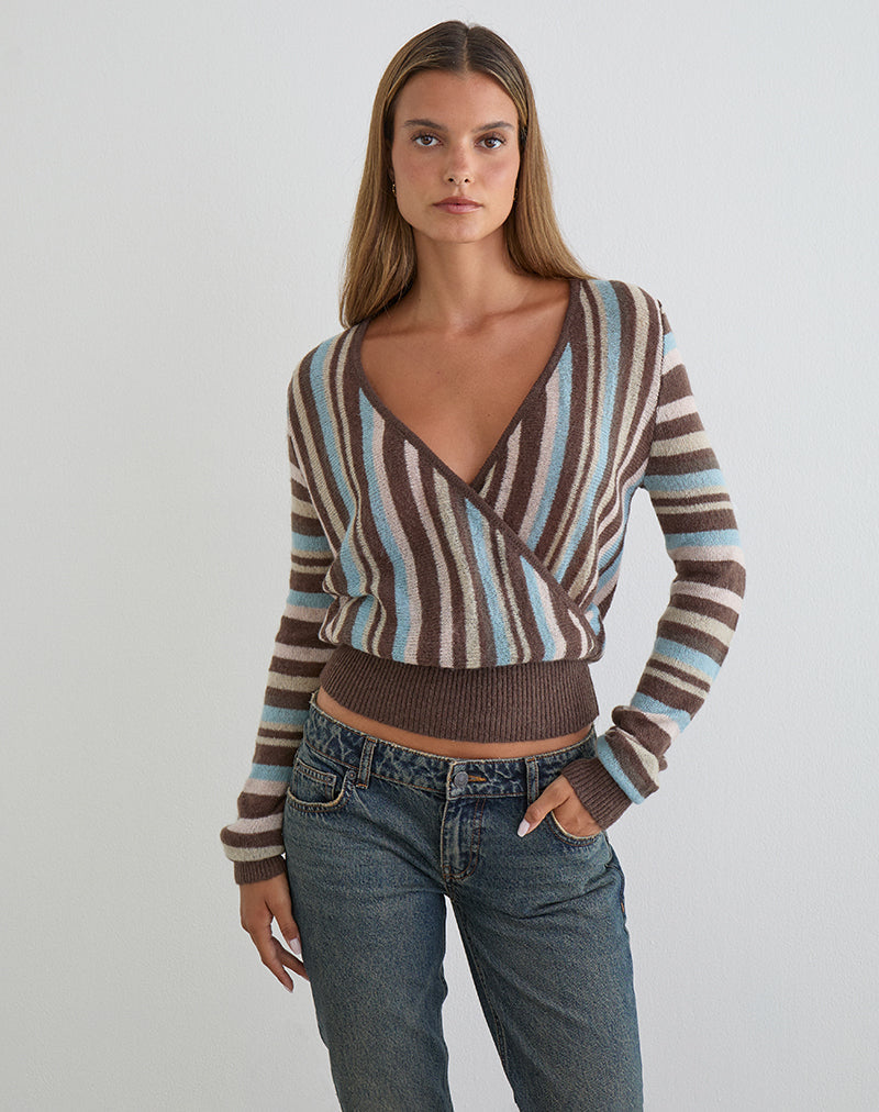 Image of Nilza Wrap Top in Knit Stripe Brown