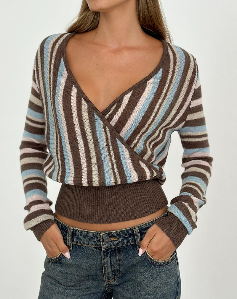 Image of Nilza Wrap Top in Knit Stripe Brown