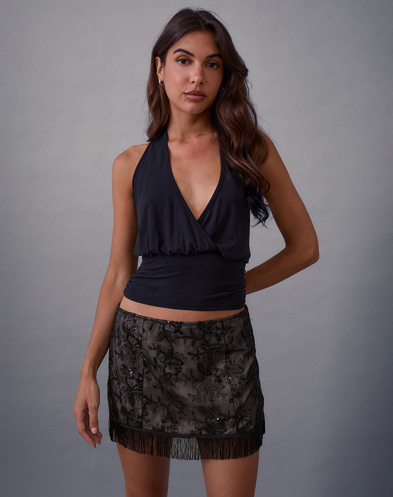 Image of Nivia Mini Skirt in Tassle Floral Chiffon Sequin Black