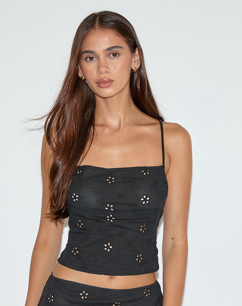Nobita Cami Top in Flower Broderie Black