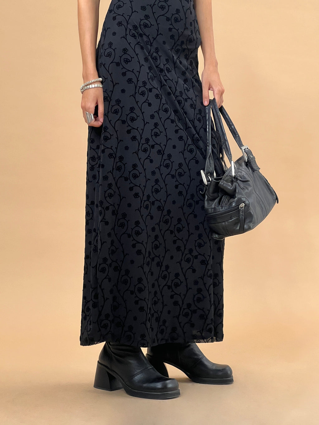 Nodu Maxi Dress in Black Dainty Floral Flock