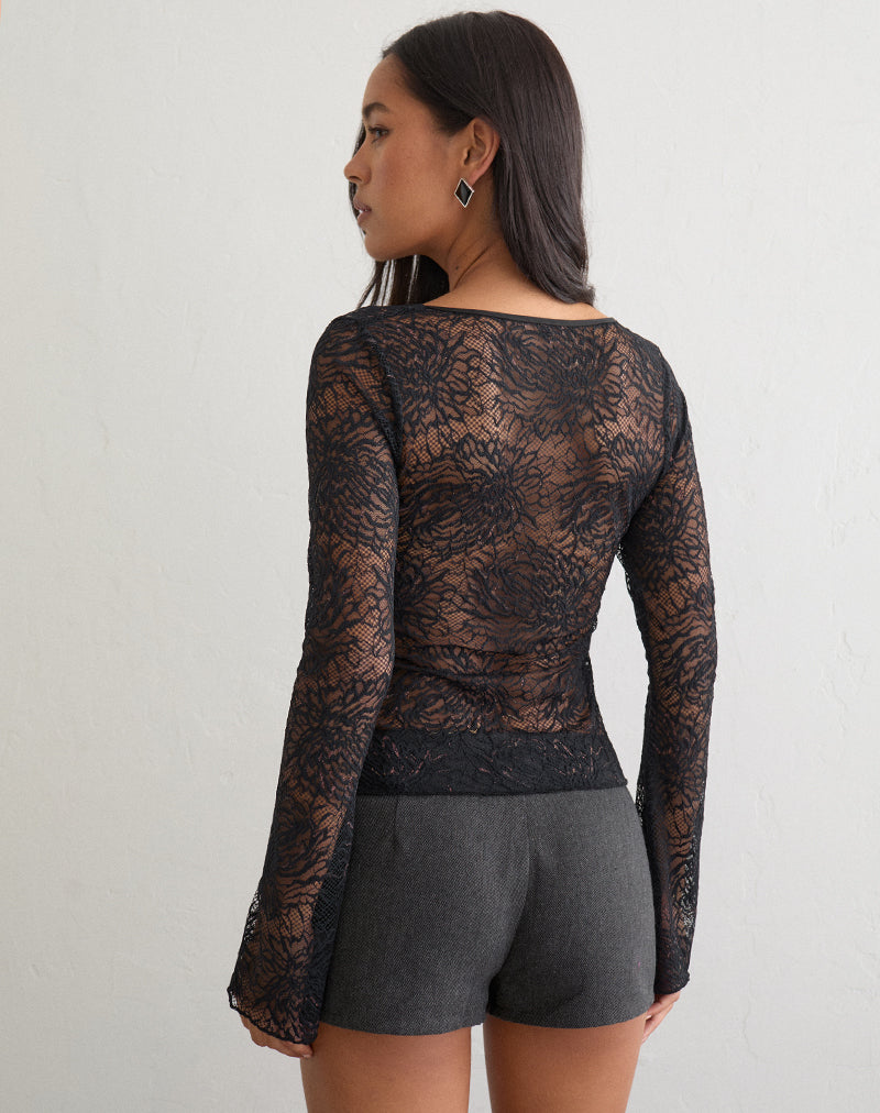 Image of Noir Long Sleeve V Neck Top in Lace Black