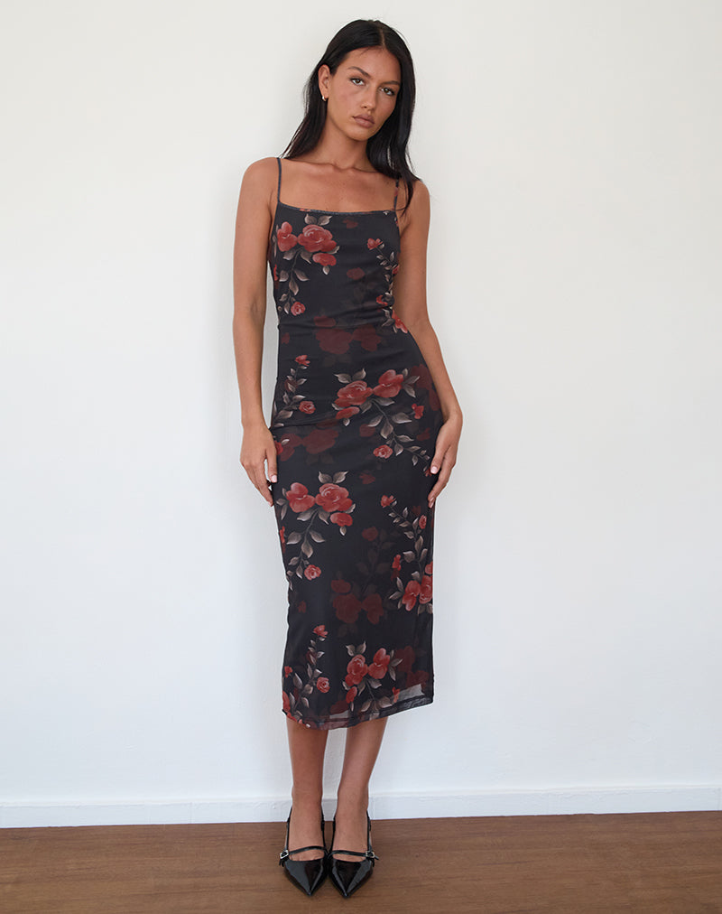 Image of Nori Midi Dress in Watercolour Rose Black