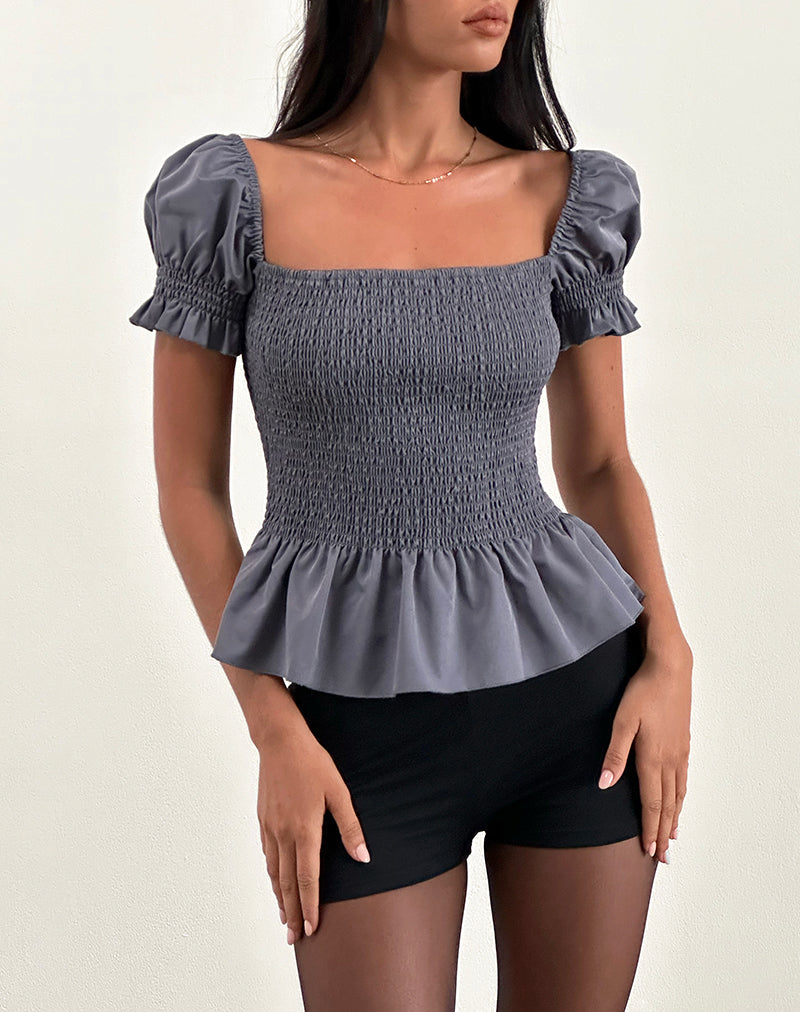 Notina Puff Sleeve Top in Shirred Grey