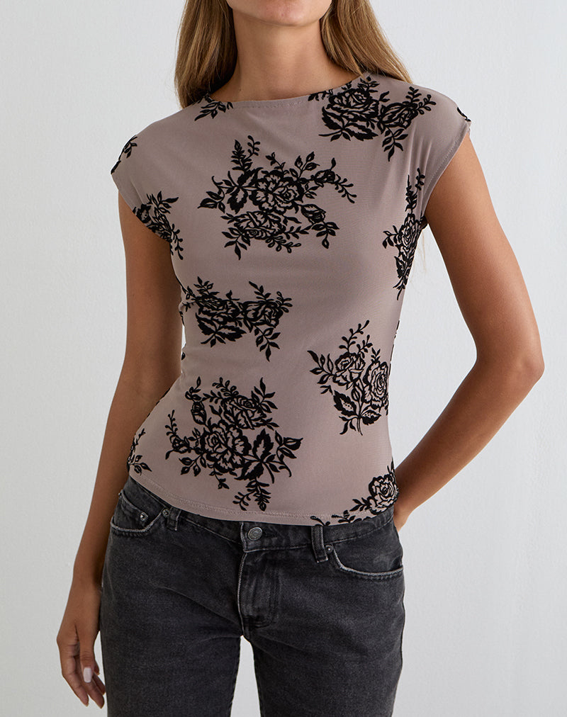 Top Nova en gris topo con estampado floral llamativo
