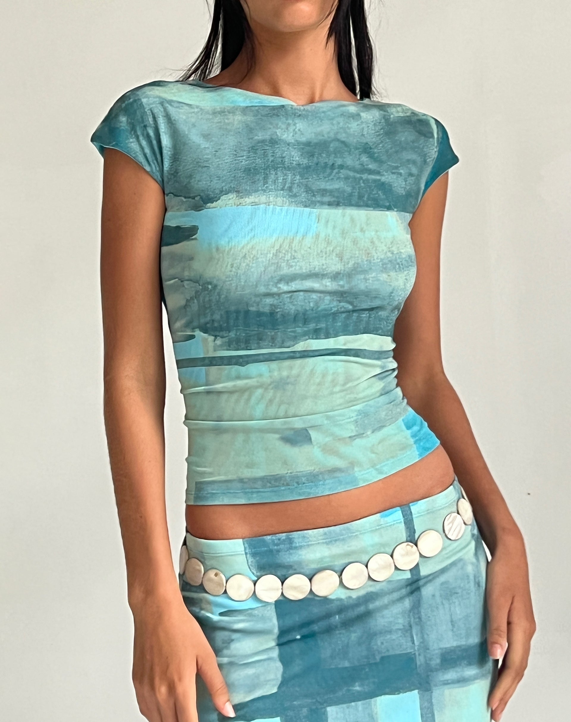Image of MOTEL X JACQUIE Nova Top in Mesh Green and Blue Abstract Paint Brush
