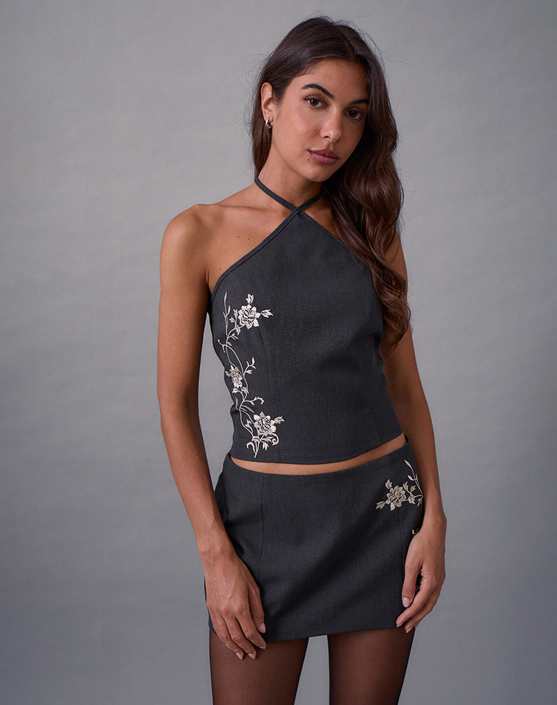 Image of Novin Top in Vine Flower Embroidered Dark Charcoal