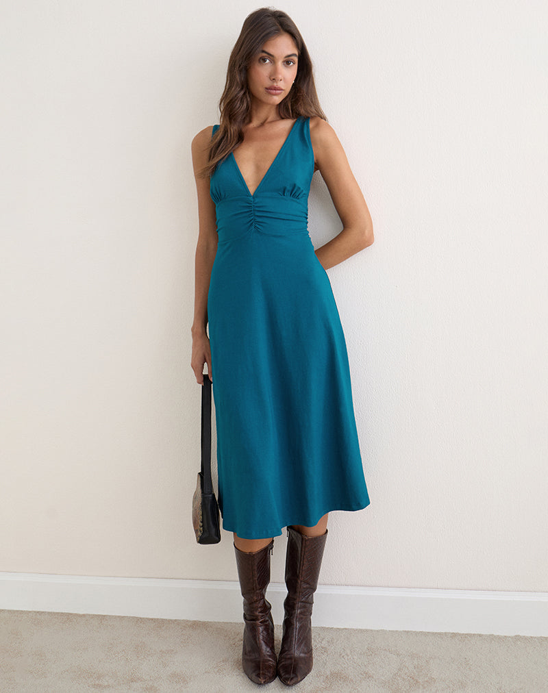 Image of Nunzia Ruched Midi Dress in Rayon Jersey Dark Teal
