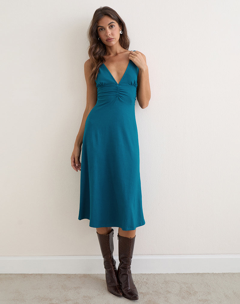 Image of Nunzia Ruched Midi Dress in Rayon Jersey Dark Teal