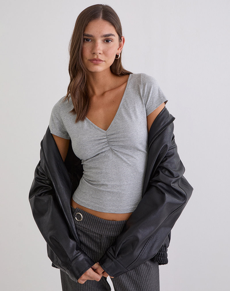 Image of Obanai Short Sleeve V Neck Top in Grey Marl