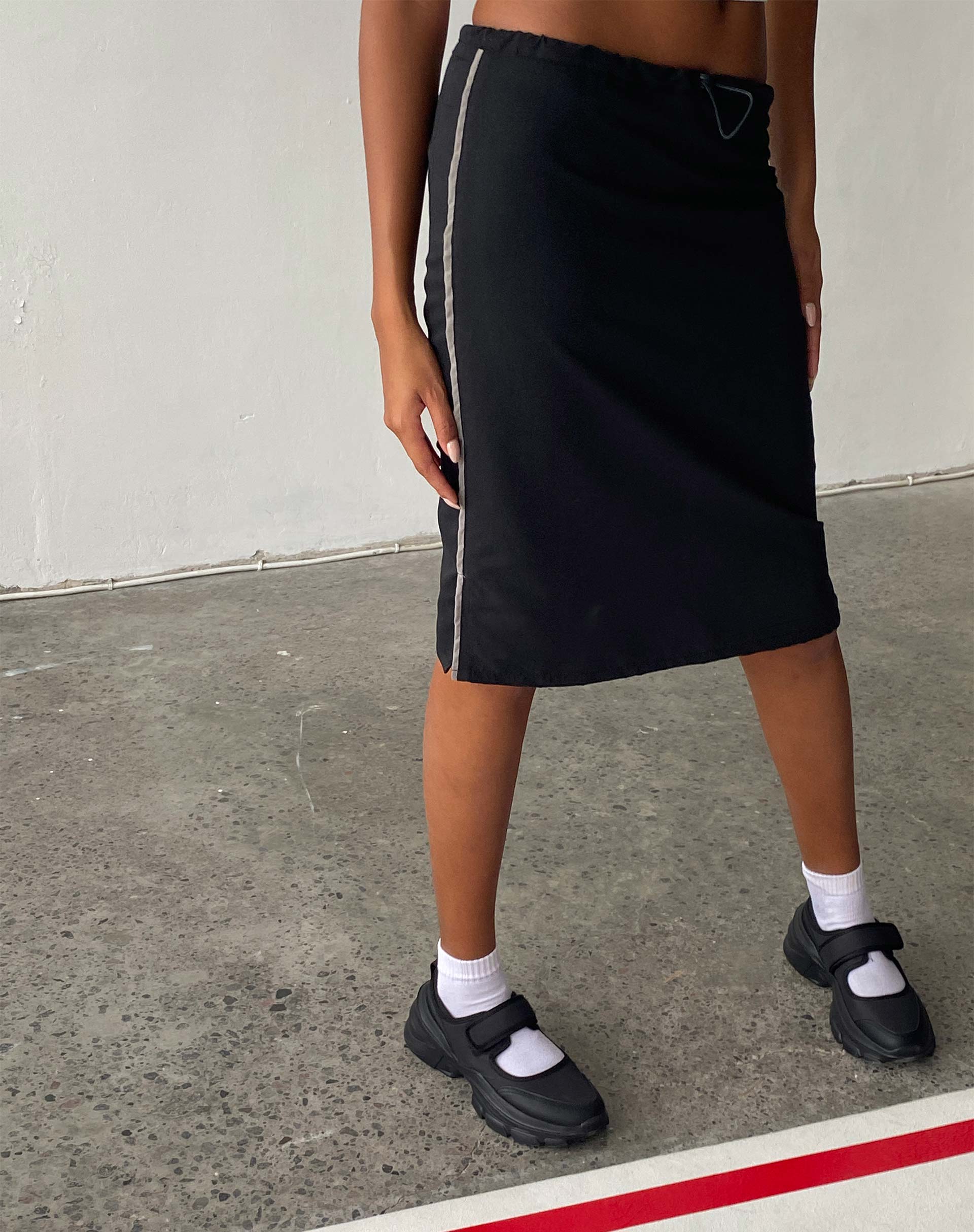 Image of Ashlyn Cargo Midi Skirt in Black with White Stripe