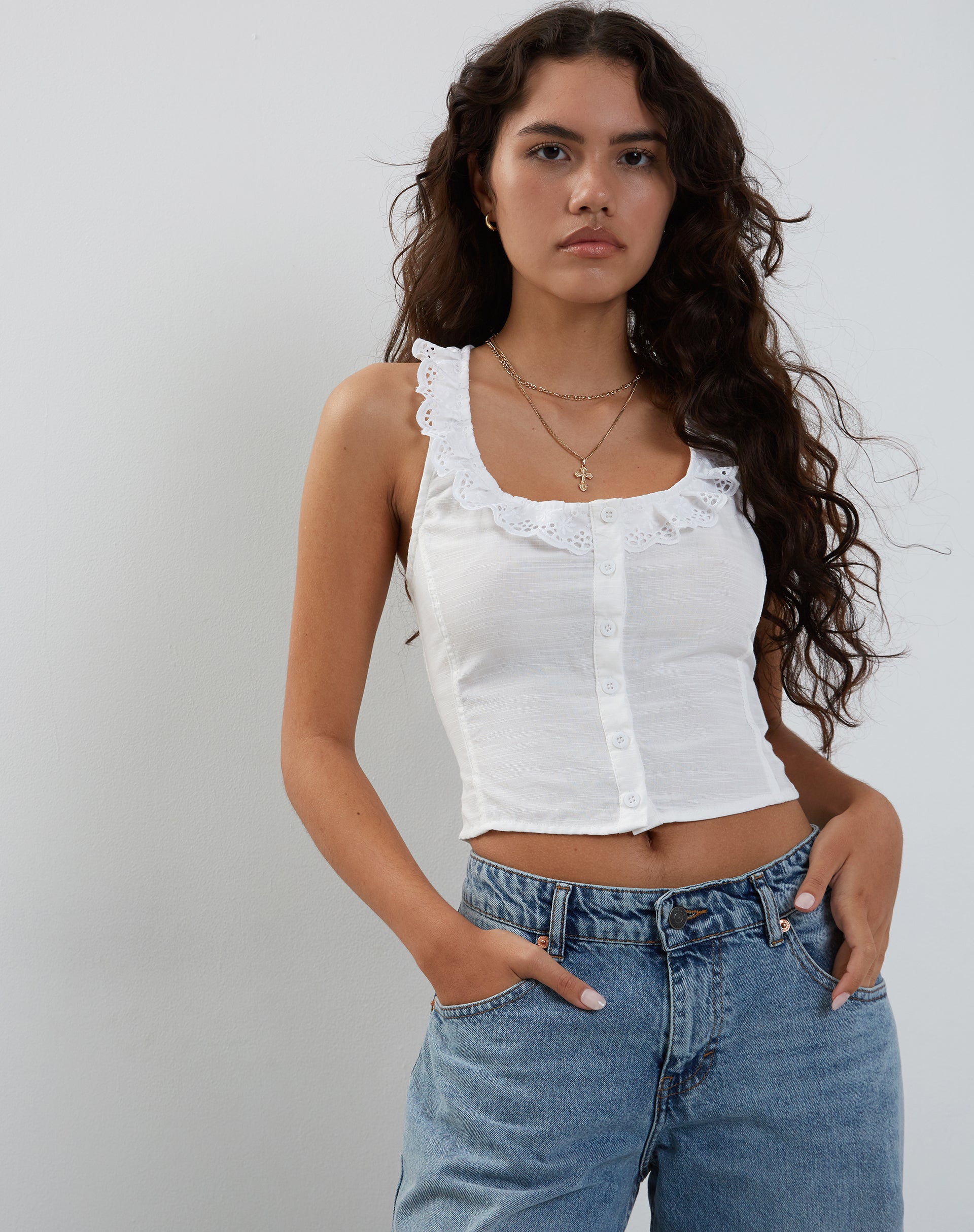 Image of Junko Frill Detail Button Through Top in White