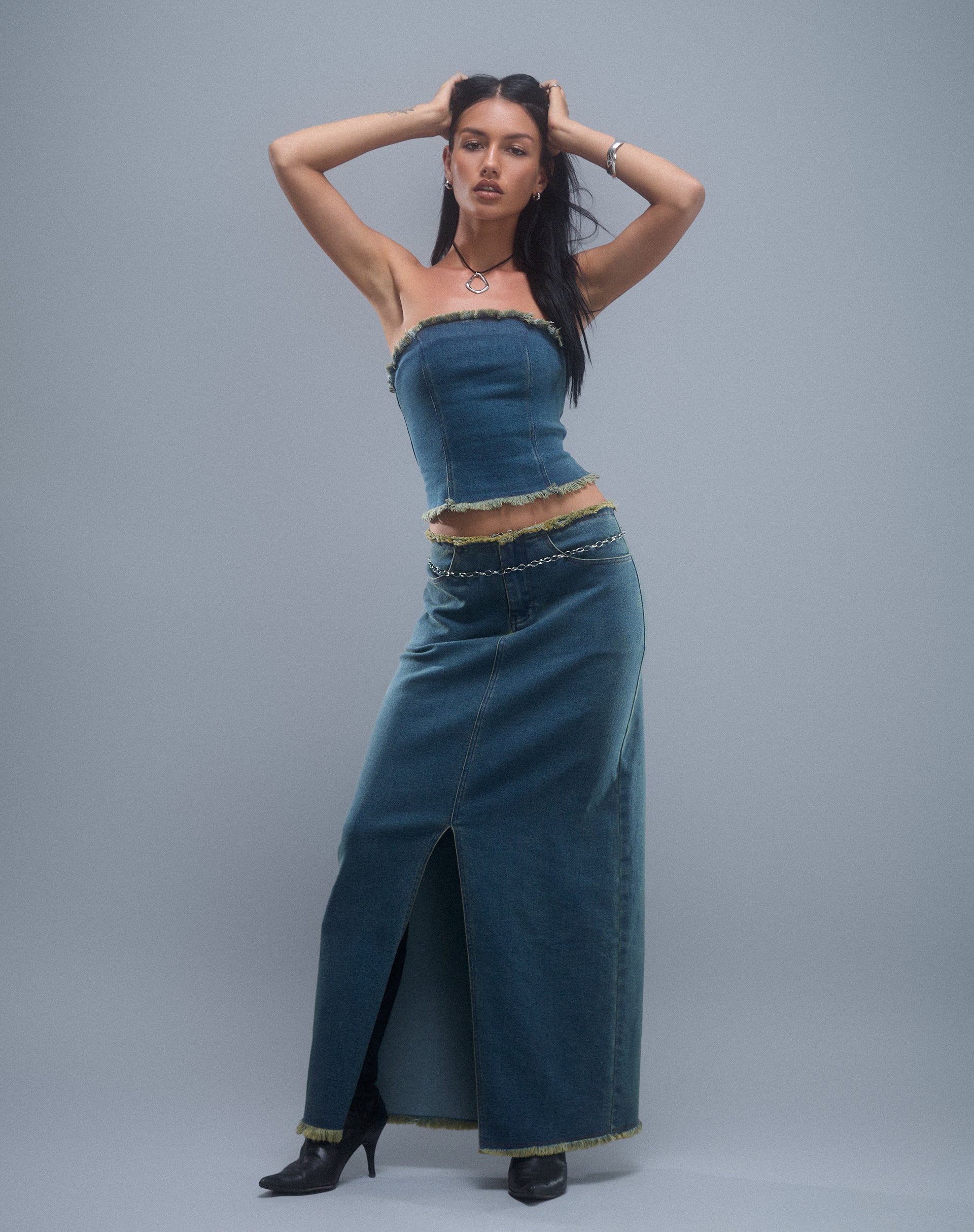 Image of Zaenap Frayed Denim Maxi Skirt in Brown Blue Acid