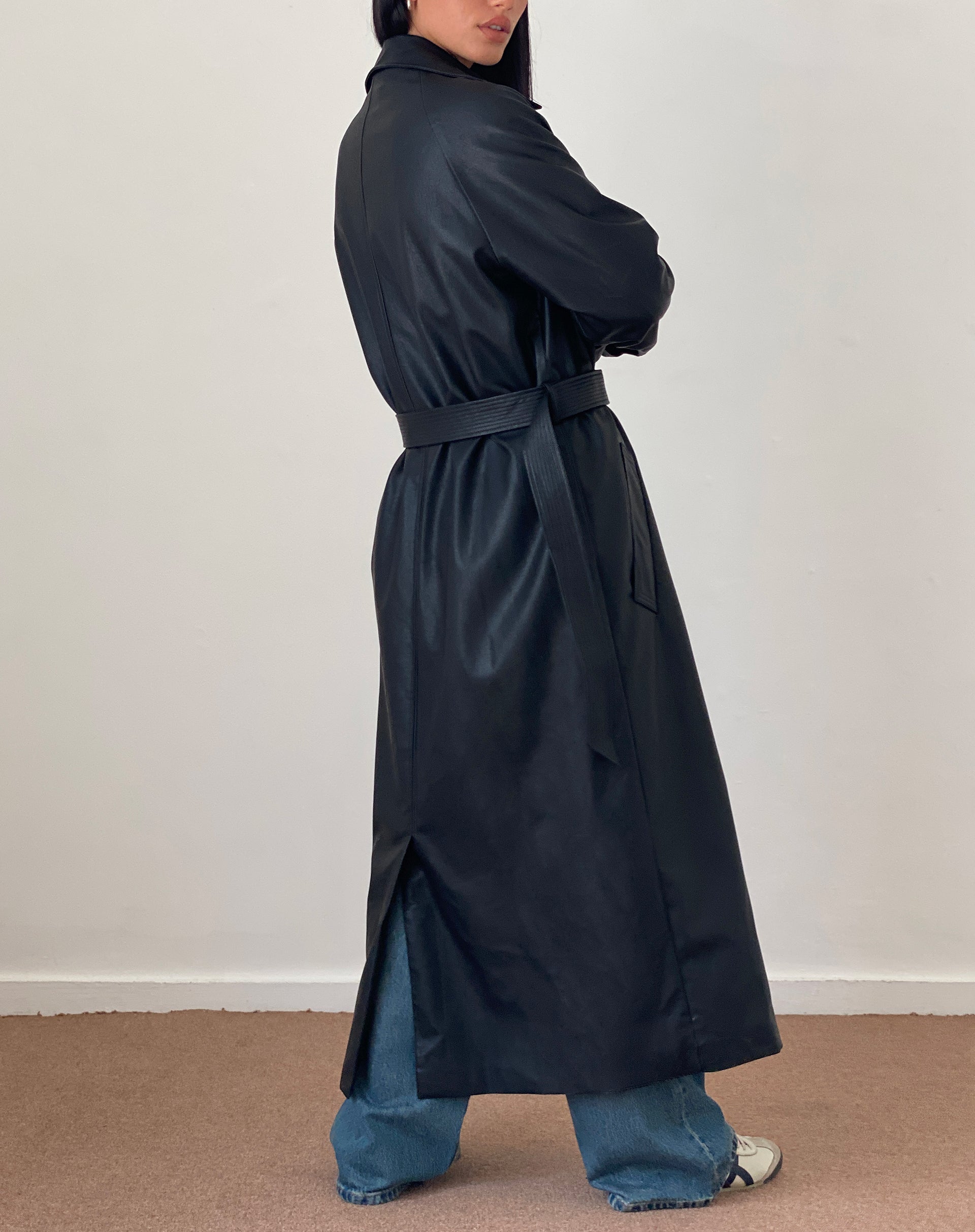 Image of Orcati Double Breasted Trench Coat in Black PU