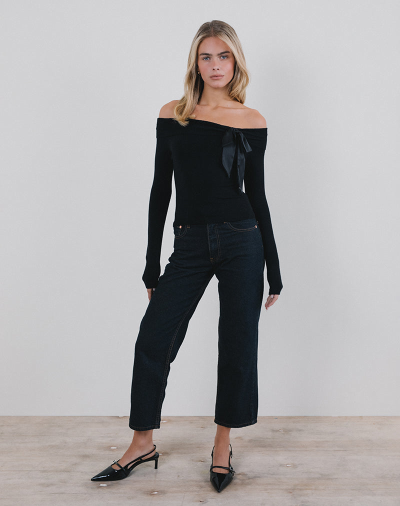 Haut Bardot Orianne en tricot noir avec nœud en satin