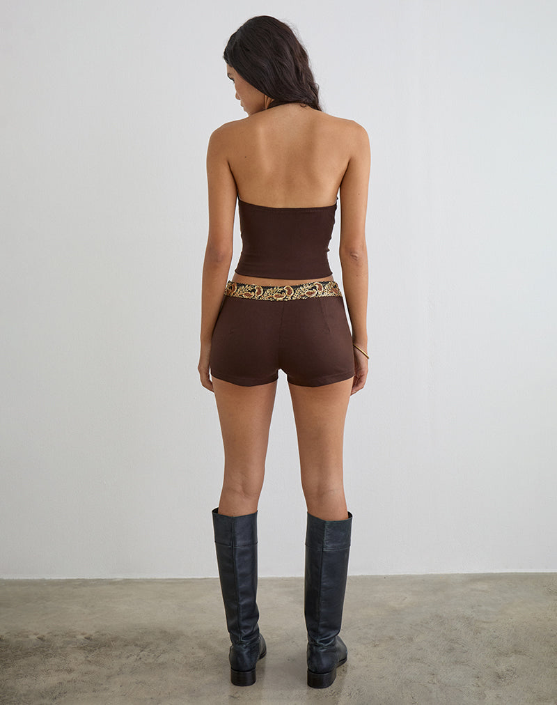 Image of Belvani Mini Short in Brown with Embroidered Sequin Trim