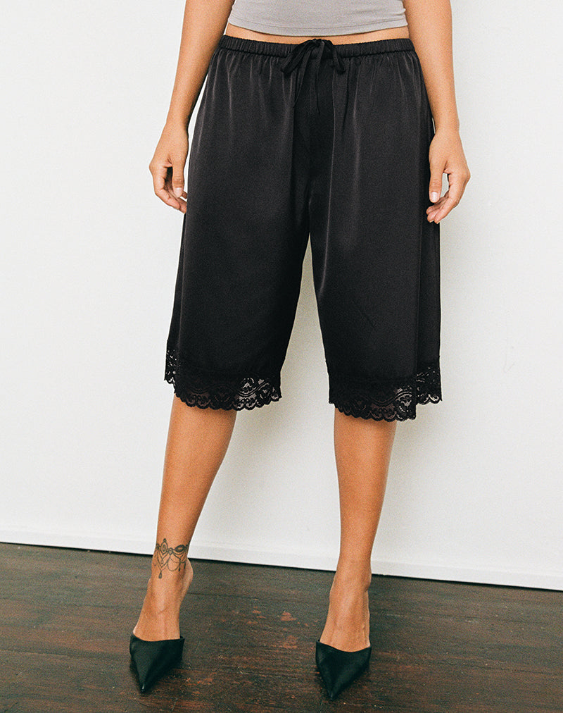 Image of Qiana Short with Lace Trim in Satin Black