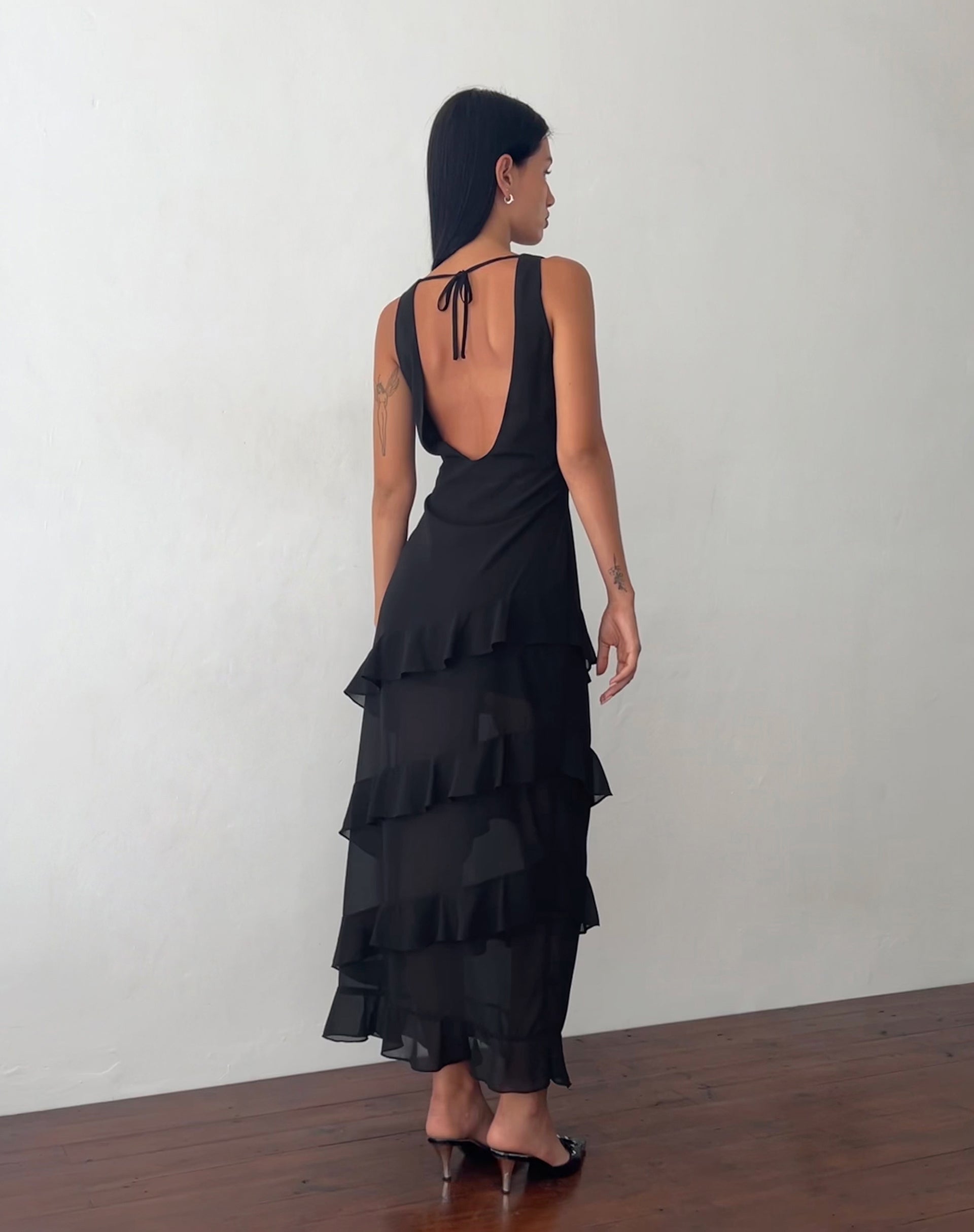 Black ruffle neck store dress