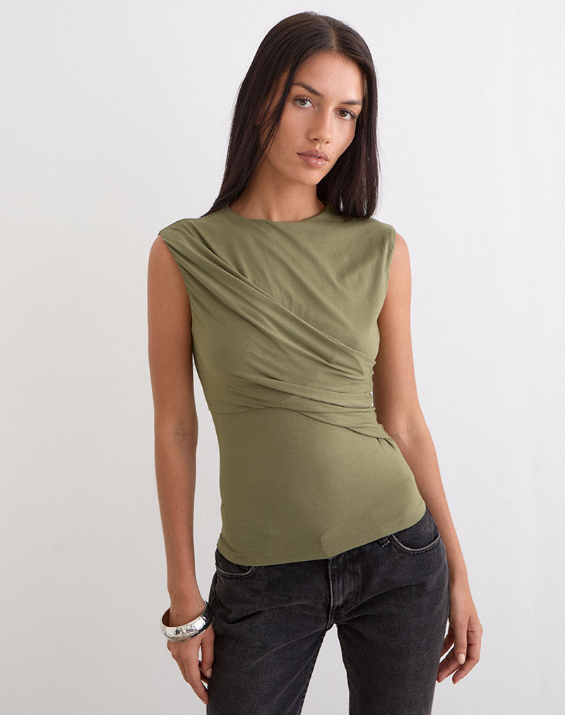 Image of Otso Twist Wrap Top in Rayon Jersey Khaki