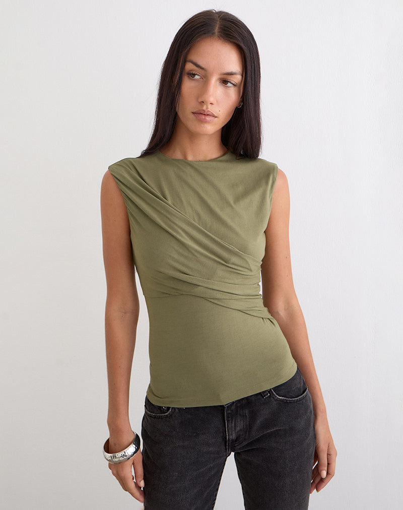 Image of Otso Twist Wrap Top in Rayon Jersey Khaki