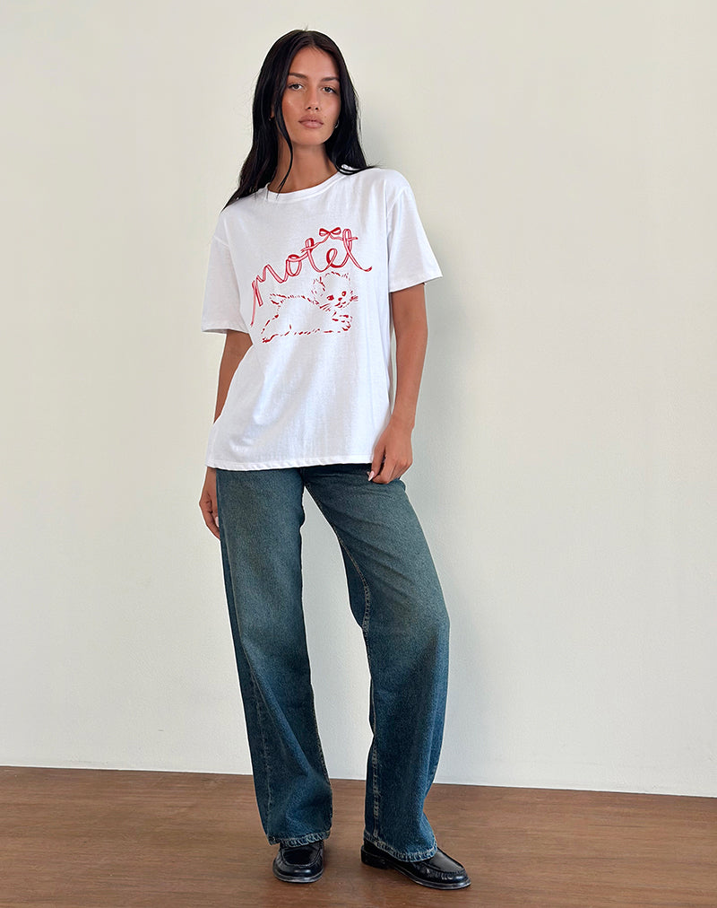 T-shirt basique oversize en blanc avec motif chaton