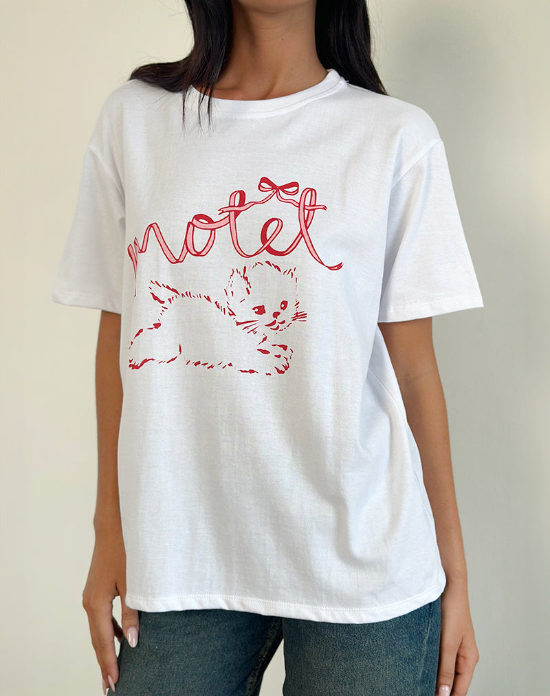 T-shirt basique oversize en blanc avec motif chaton