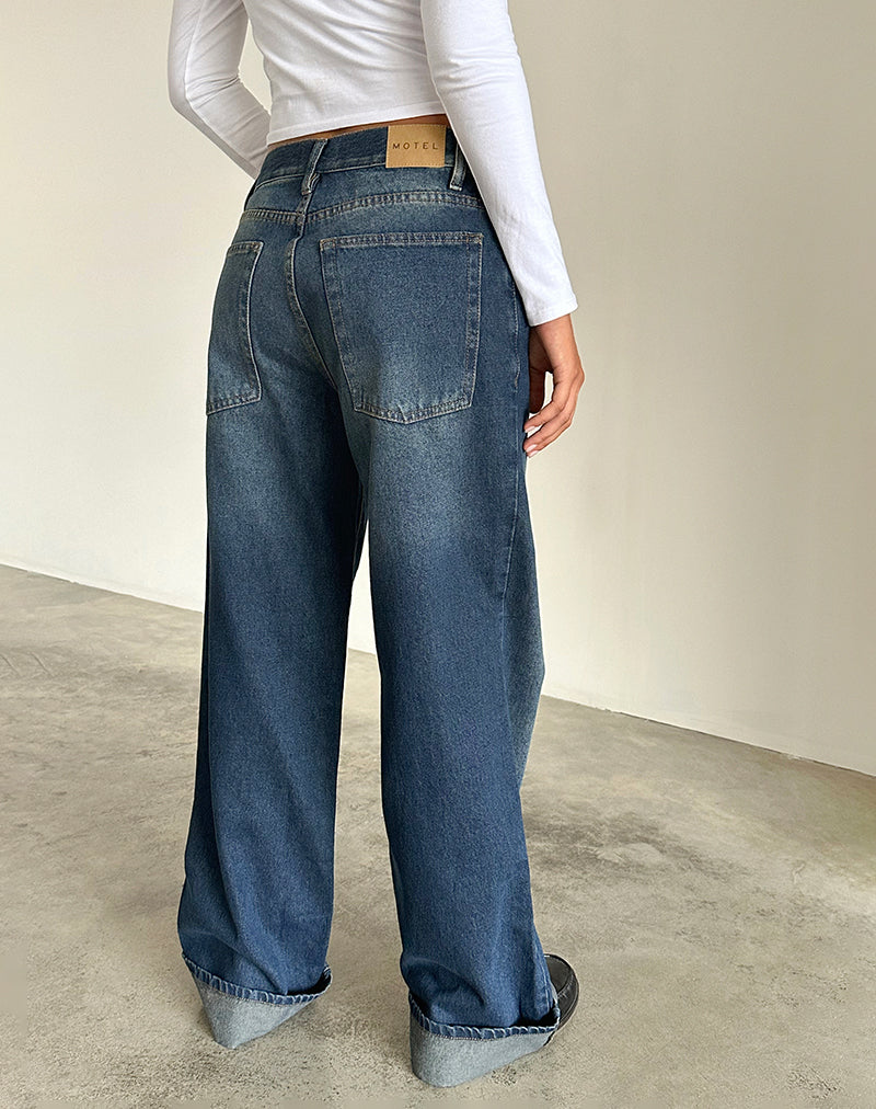 Roomy Extra Wide Raw Hem Low Rise Jeans in Vintage Blue Wash
