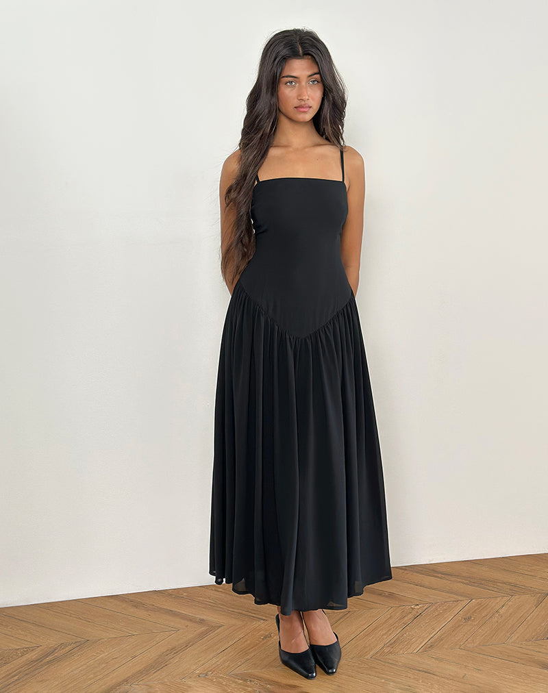 Paduri Drop Waist Midi Dress in Chiffon Black Paduri Drop Waist Midi Dress in Chiffon Black